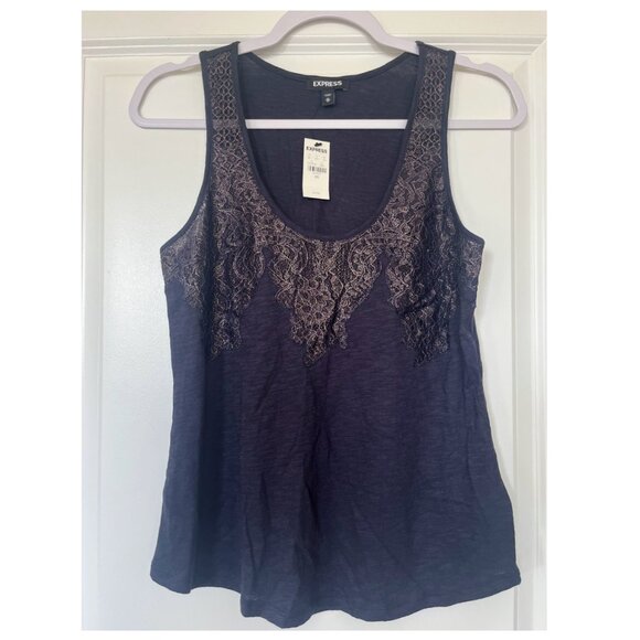 Express Navy Blue Festive Tank Top with Lace Detail - Picture 1 of 1